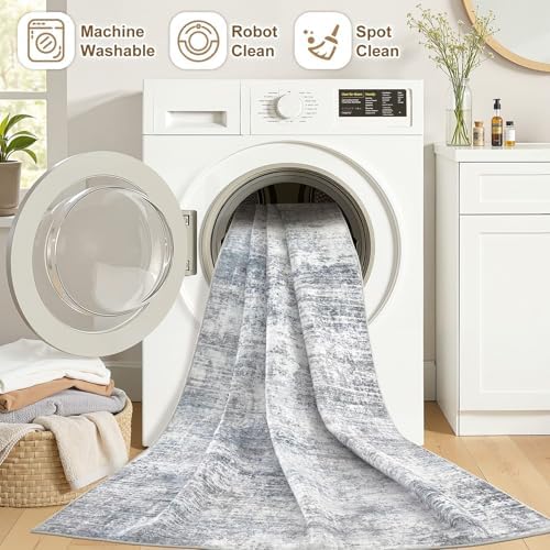 10x14 Area Rugs for Living Room Washable Abstract Rug Grey Blue - Image 5