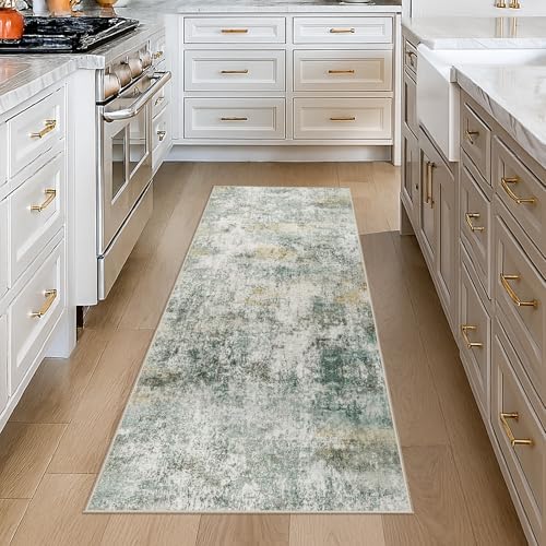 Abstract Washable Kitchen Runner 2x6: Non Slip Indoor Runners Rugs Green by HILORUUG