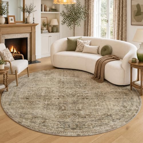 FMFUNCTEX 6ft Round Washable Brown Neutral Vintage Area Rug by Fmfunctex