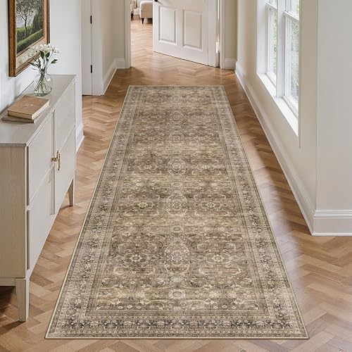 HUGEAR 2'6''x8 Brown Vintage Distressed Washable Runner Rug by HUGEAR