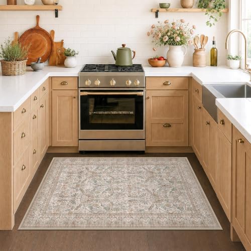 Moss Green Traditional 3x4 Kitchen Area Rug, Vintage Washable Rug - Image 3