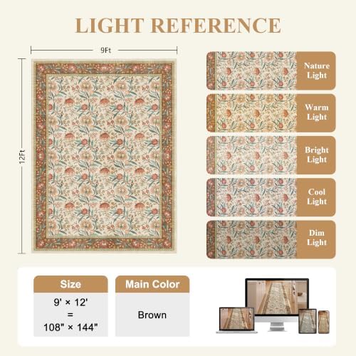 DUKINO 9x12 Area Rug for Living Room, Vintage Floral Washable Rug - Image 2
