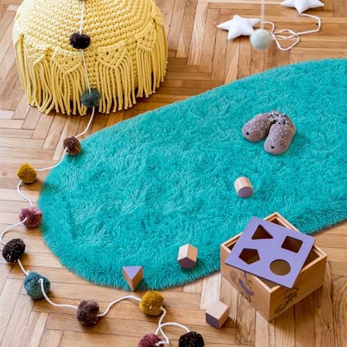 Goideal Fluffy Bedroom Rug, Small Oval Area Rugs, Teal Shag Bedside Carpet - Image 5