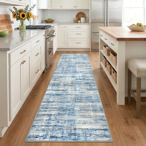 KOZYFLY Modern Hallway Runner Rug 2.6x8 Washable Rug Runner Blue Beige - Image 2