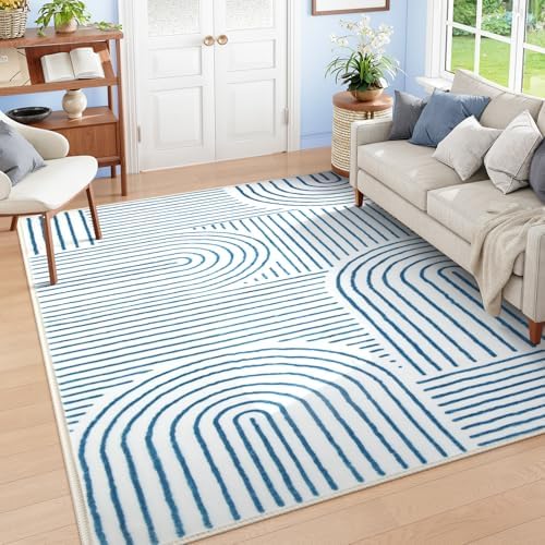 Lahome Abstract Blue and White Rug, Washable 6x9 Area Rugs by Lahome