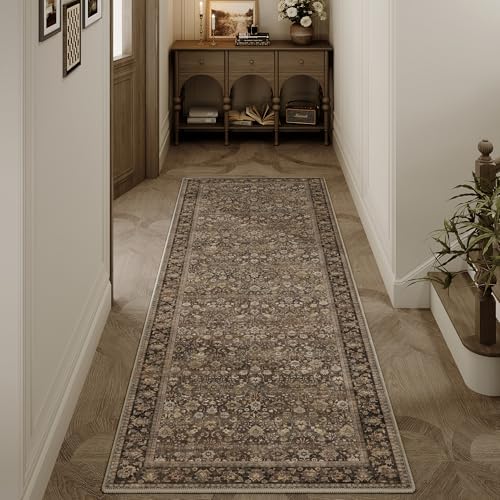 HUGEAR 2x6 Brown Vintage Floral Washable Runner Rug by HUGEAR