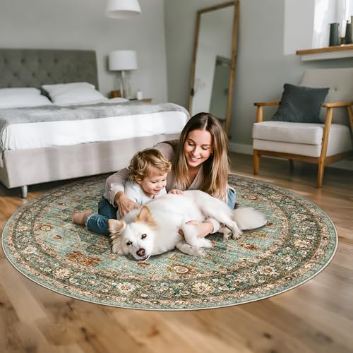 Oriental Washable Round Area Rug: 5ft Non-Slip Round Rugs Soft Carpets - Image 5