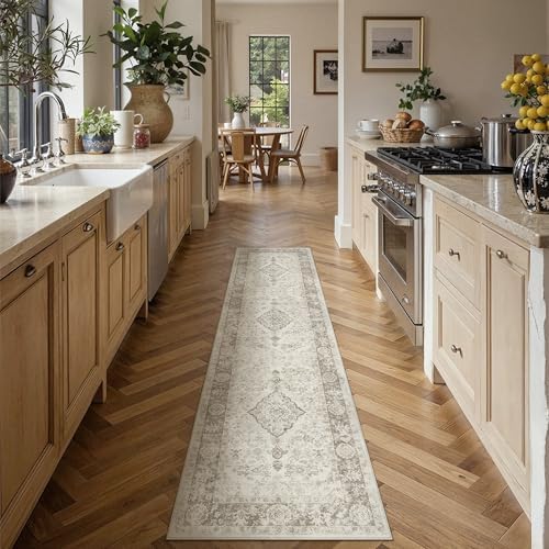 PureCozy Beige 2x8 Washable Runner Rug Kitchen Non Slip Vintage Carpet - Image 2