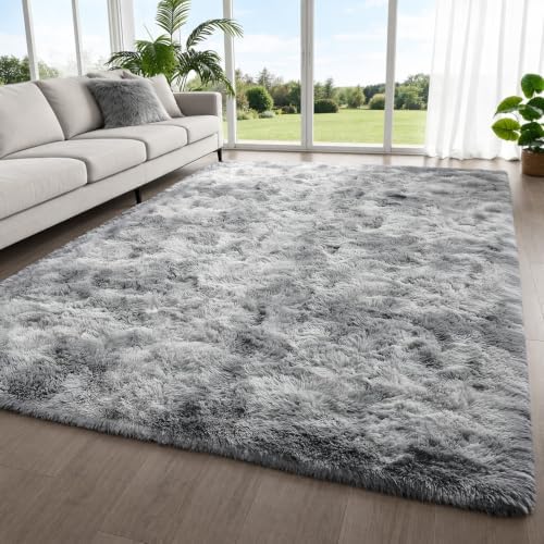 Area Rugs for Bedroom Living Room, Fluffy 4x6 Tie-Dye Light Grey Shag Rug - Image 5
