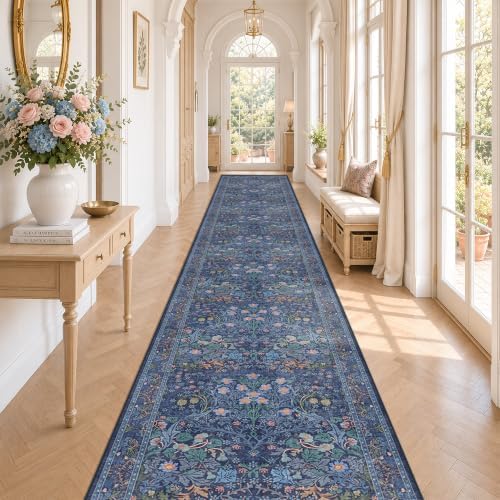 Dark Blue Boho 3x20 Extra Long Runner Rug by HazoHaus