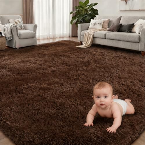 Area Rug Living Room Bedroom: 4x6 Fluffy Plush Shag Carpet Brown - Image 2