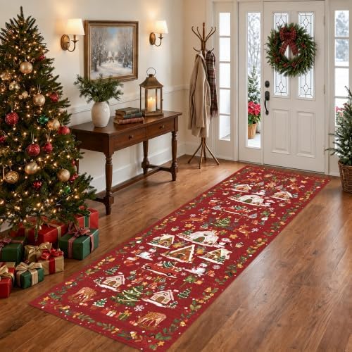 Red 2x6 Kitchen Runner Rug: Non-Slip Printed Hallway Christmas Tree Rugs - Image 5