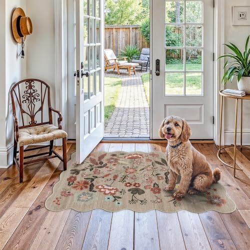 3x5 Rug Washable Runner for Entryway: Floral Scalloped Soft Area Rug Brown - Image 4