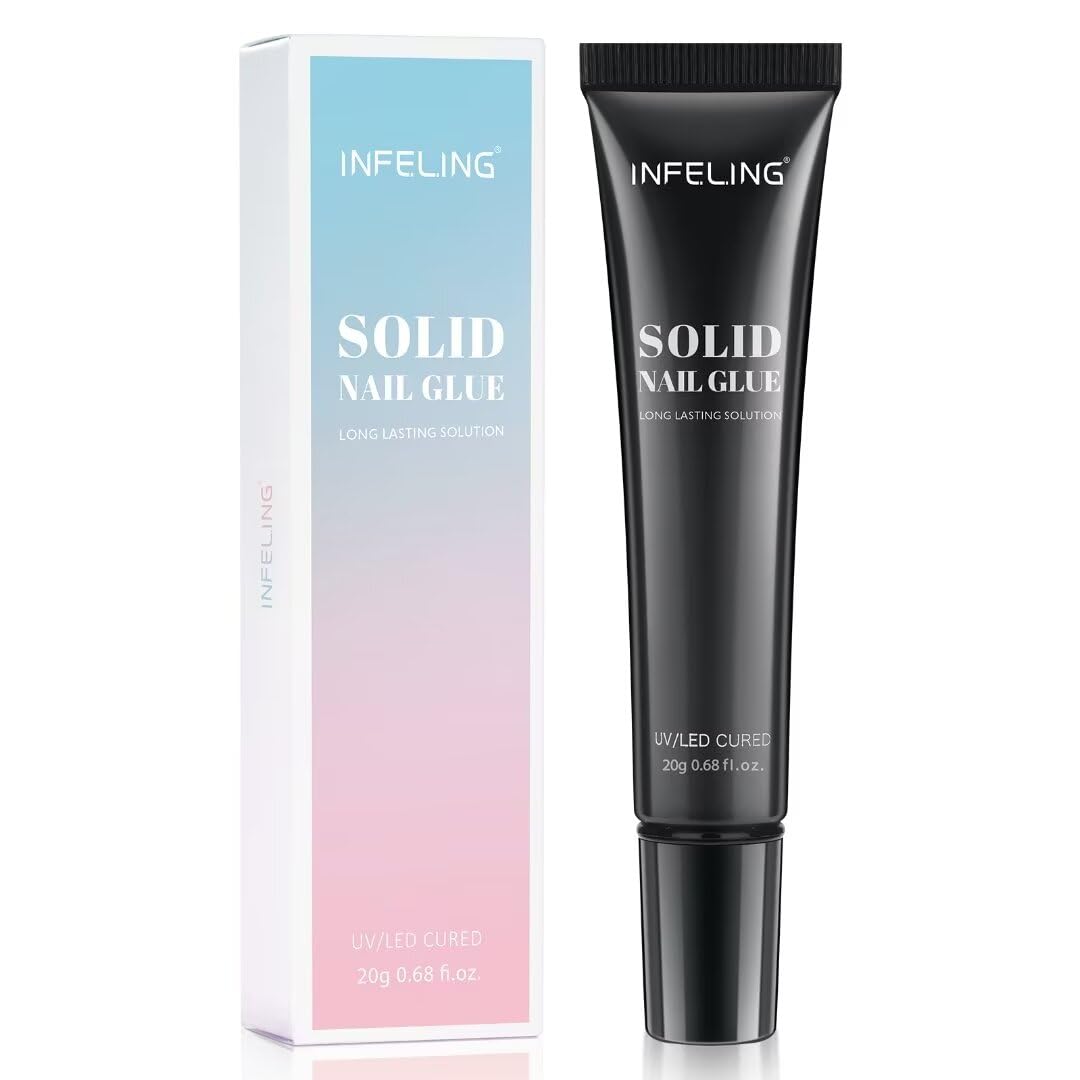 INFELING Solid Gel Nail Gl ue - Nail G lue Gel for Nail Tip Press on Nails, Long Lasting(Curing Needed), Super Strong Nail Glue for Nail Extension