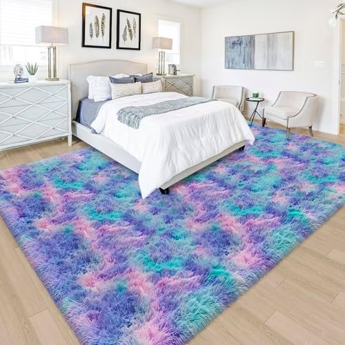 Tie-Dye Purple Rainbow Soft Shaggy Fluffy Rug by JiaoBaba
