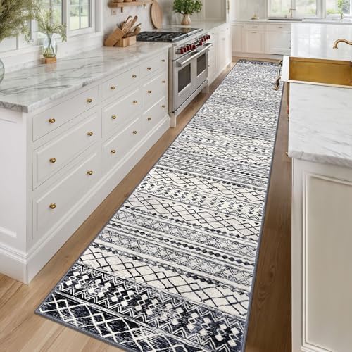 KUTA Boho Runner Rug for Hallway 2.6x16 Moroccan Washable Black Navy Blue - Image 3