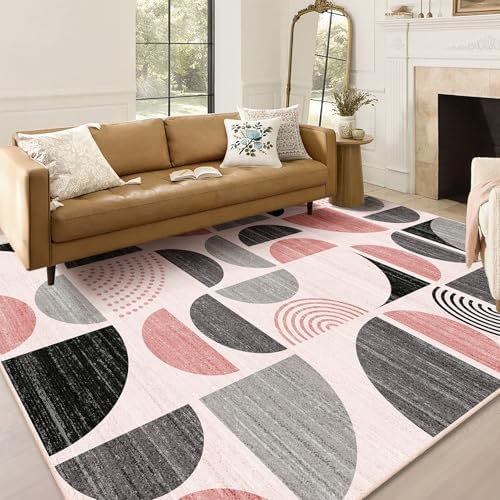 MUJOO Pink Rug Washable, 5x7 Area Rugs Non Slip Modern Abstract Boho Large - Image 4