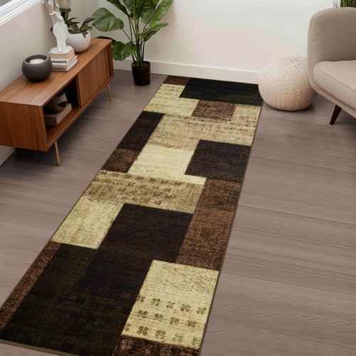 Modern Geometric Patchwork Indoor Taupe Runner Rug - Image 3