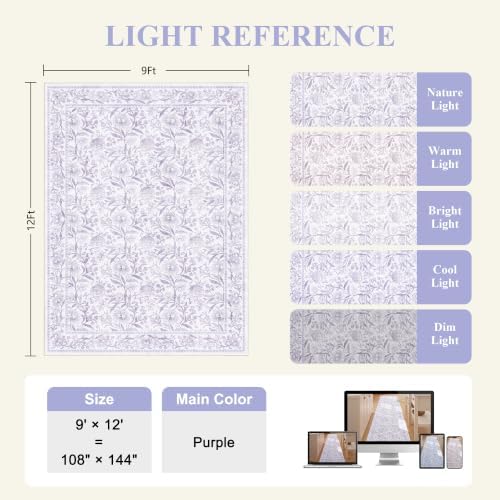 DUKINO 9x12 Area Rug for Living Room, Vintage Floral Washable Rug - Image 2