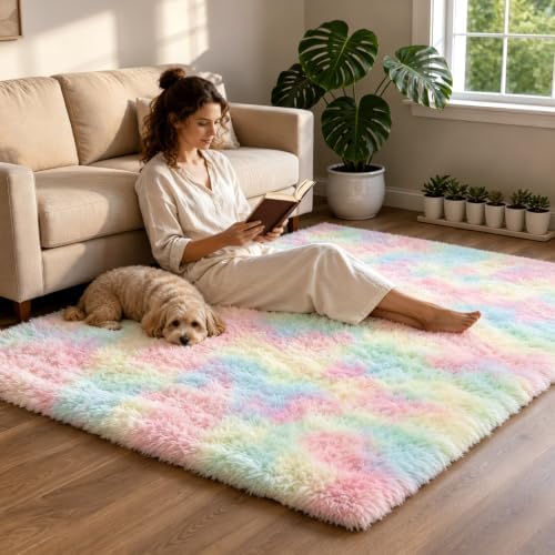 4x6 Rainbow Fluffy Area Rug for Bedroom and Living Room, Washable Soft Shag - Image 4