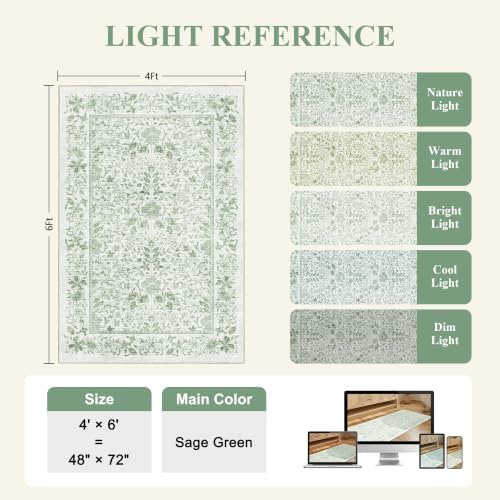 DUKINO 4x6 Rug for Living Room, Washable Vintage Floral Area Rug Sage Green - Image 2