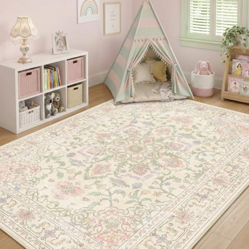 CAPALOCA 5x8 Washable Nursery Girls Low Pile Area Rug Purple Green Pink - Image 3
