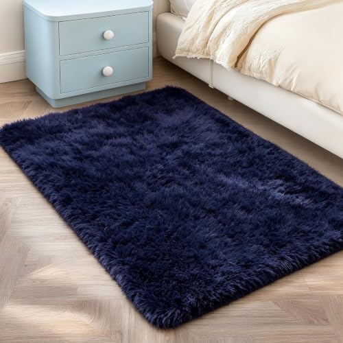 2x3 Dark Blue Fluffy Area Rug for Bedroom and Bedside, Washable Soft Shag Carpet - Image 3