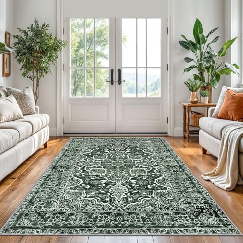 KUTA Vintage Area Rug 5x7 Dark Green Washable Floral Rugs - Image 3