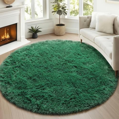 Dark Green Fluffy Round Rug Circle Area Rugs 4ft - Image 5