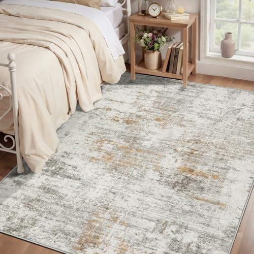 Beige Abstract 4x6 Washable Rug, Modern Non Slip Rugs - Image 2