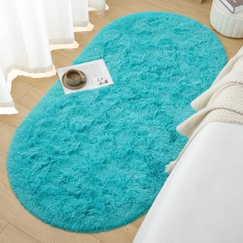 Goideal Fluffy Bedroom Rug, Small Oval Area Rugs, Teal Shag Bedside Carpet - Image 4