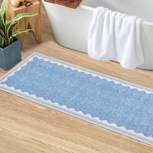 Garvee Washable Hallway Runner Rug 2x6 Runner Rug Bordered Wave Print Blue - Image 5