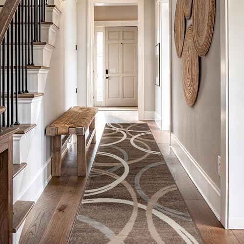 Rugshop Wavy Circles Modern Jute Backing Runner Rug Brown 2'7" x 12' by Rugshop