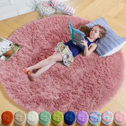 Amdrebio Blush Pink Big Round Fluffy Rug 7Ft by Amdrebio