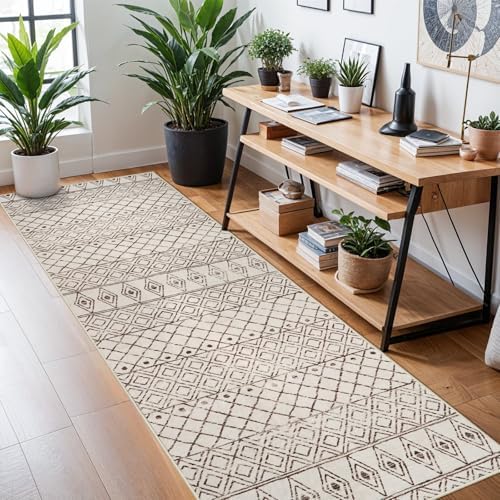 3x10 Machine Washable Runner Rug:Hallway Runner Rugs Geometric Beige - Image 3
