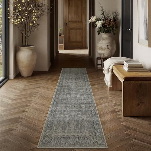 PureCozy Grey Brown Runner Rug 2x8 Vintage Traditional Distressed by PureCozy