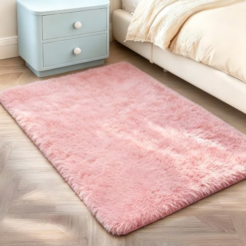 2x3 Pink Fluffy Area Rug for Bedroom and Bedside, Washable Soft Shag Carpet - Image 3