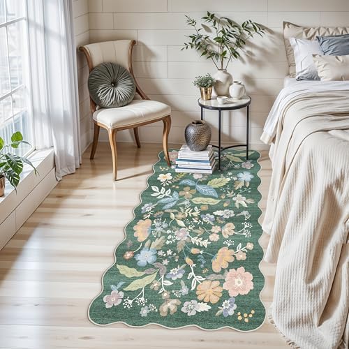 3x6 Washable Floral Runner Rug: Scalloped Carpet Runner - Image 4