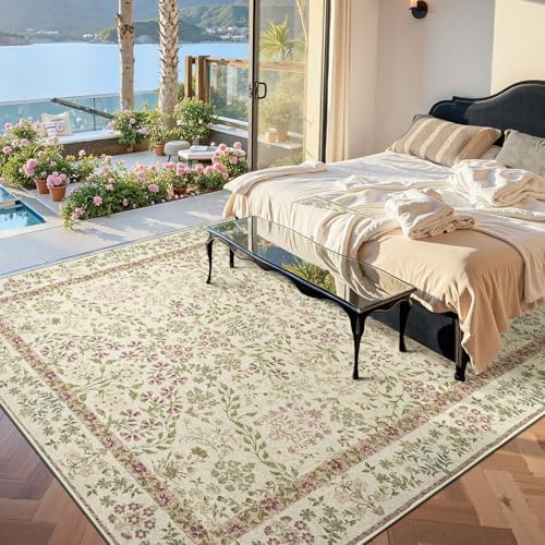 jinchan 8x10 Washable Living Room Area Rug, Vintage Floral, Pastoral Green - Image 2