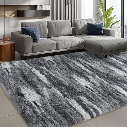 5x7 Shag Rugs for Living Room, Washable Abstract Grey - Image 3