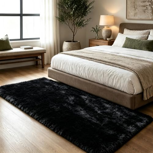 2x6 Black Fluffy Runner Rug for Hallway and Bedroom, Washable Soft Shaggy Carpet - Image 3