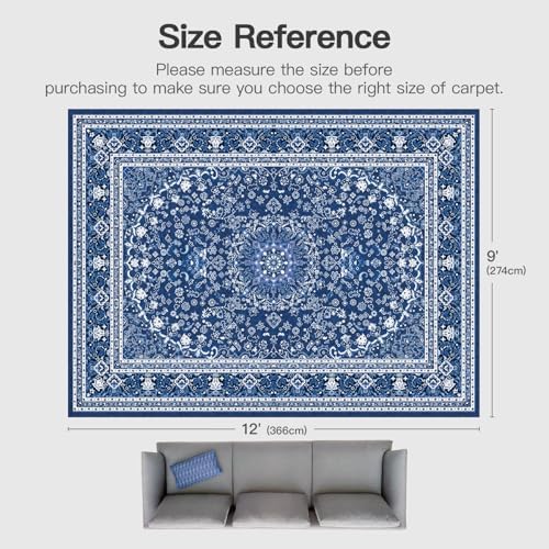 9x12 Area Rugs for Living Room, Washable Non-Slip Rug, Oriental Dark Blue - Image 2