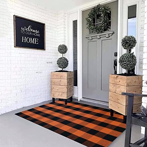 MUBIN Fall Decor Cotton Buffalo Plaid Rug, Washable Halloween Doormat Foldable - Image 4