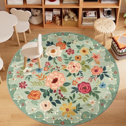 DUKINO 5ft Round Rug, Non Slip Floral Washable Small Circle Rug - Image 3