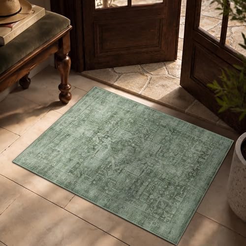 2x3 Washable Boho Entryway Area Rug Teal Non-Slip Front Door Mat by LULLOSA