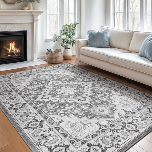 Lofus 5x7 Area Rugs for Living Room Bedroom, Soft Boho Carpet Floral Grey by Lofus