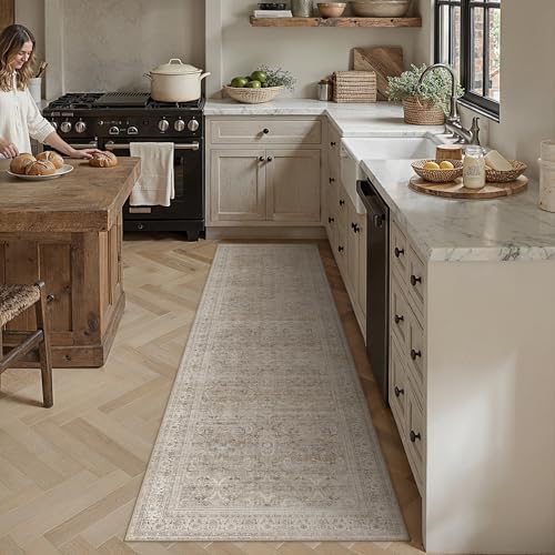 HUGEAR 2x8 Beige Vintage Distressed Washable Runner Rug - Image 3