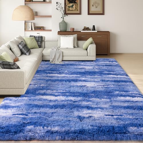 5x7 Shag Rugs for Living Room, Washable Abstract Blue - Image 5