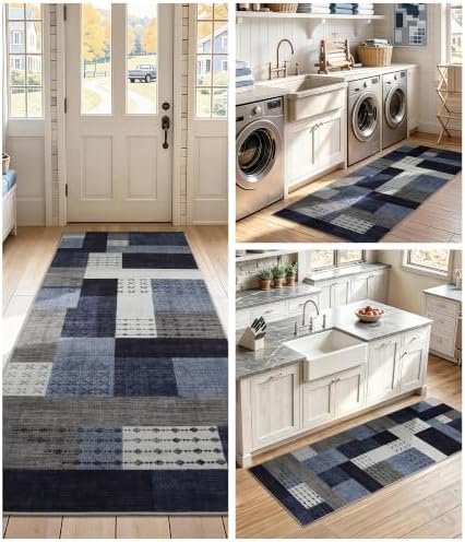 YIHOUSE Blue 2x6 Kitchen Runner Rug Non Slip Washable, 6ft Patchwork Rug Runners - Image 3