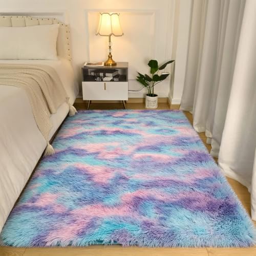 4x6 Blue Rainbow Fluffy Area Rug by NEIGELUO